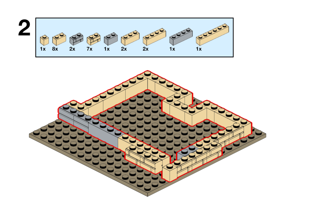 Classic Lego instructions showing placement of various tan and light bluish gray bricks on a dark tan 16x16 plate.