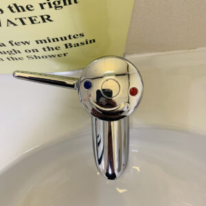 Hospital tap - shiny metal with what looks like a smile.