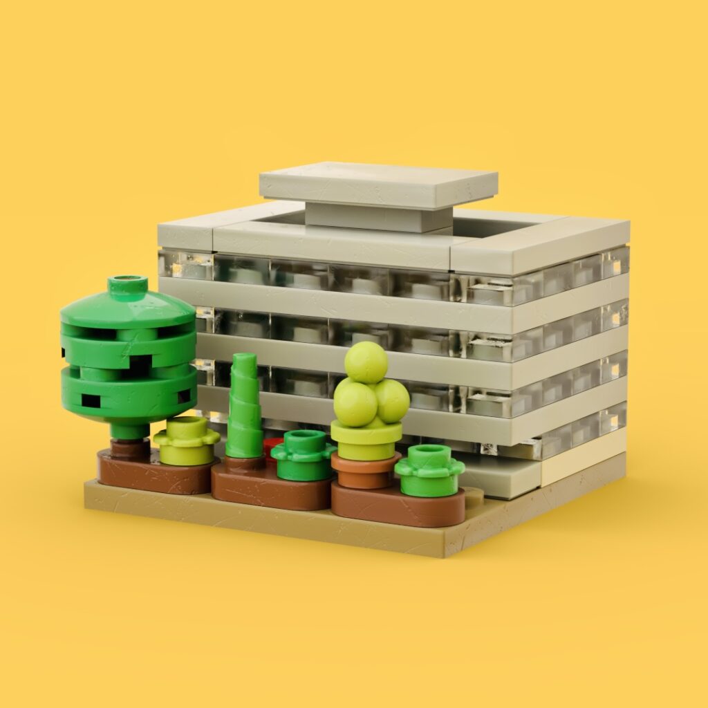 Main Library made out of only 100 Lego elements. Floors are represented by grey and clear plates. Green shrubs and trees surround the building.