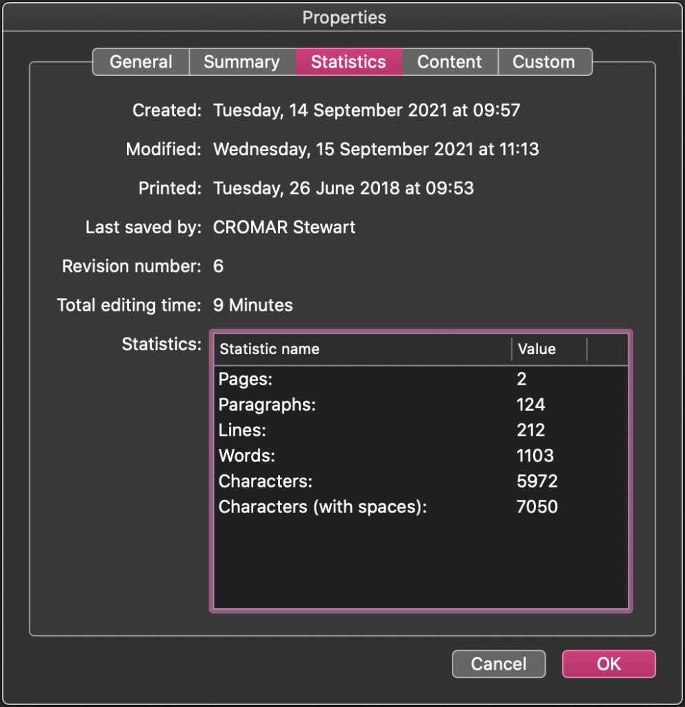 Properties window for a Word document showing a total editing time of 9 minutes.