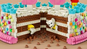 Mouse minifigure eating a chocolate cake, her head popping out of one slice and her legs stuck in a completely different slice!