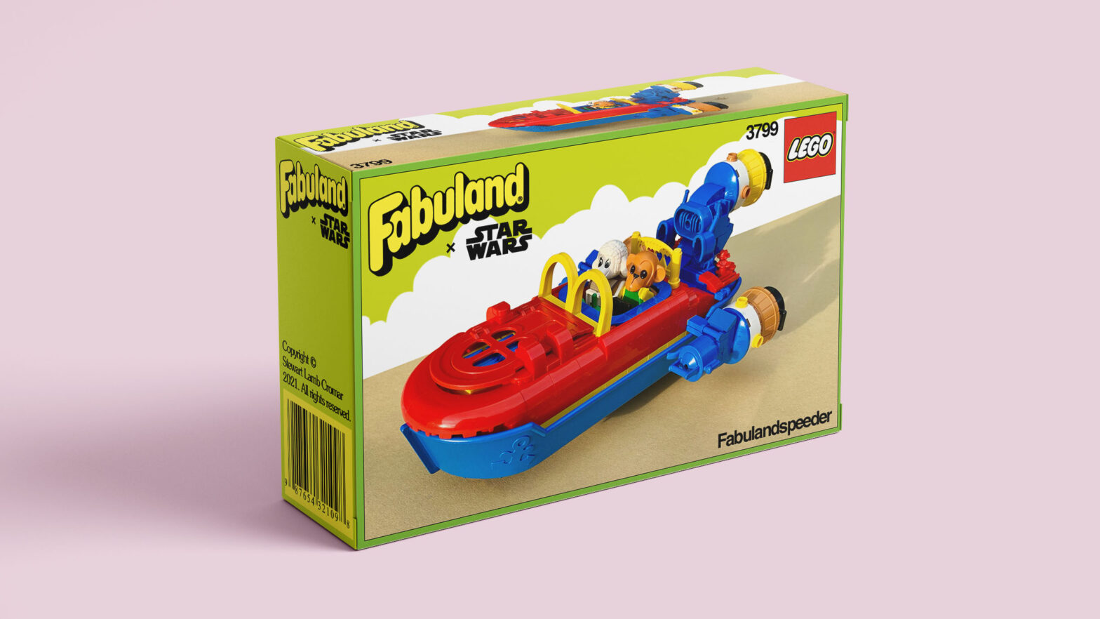 Cute yellow, red and blue hovercraft driven by lamb and monkey minifigures.