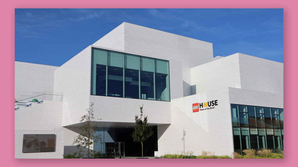 Exterior shot of Lego House in Billund – a series of large white interconnected cubes.