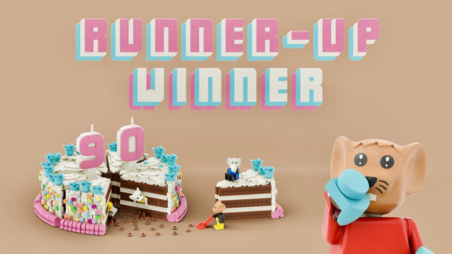 ‘Runner-Up Winner’ 4 minifigure mice eating a blue and pink cake.
