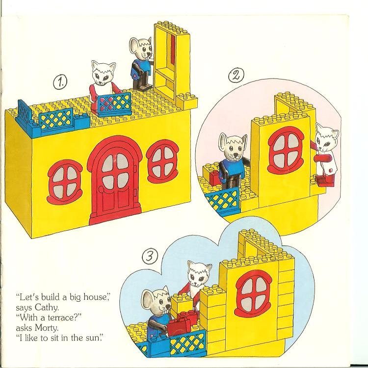 3 illustrated steps of a cat and mouse minifigure building a yellow house. "Let's build a big house", says Cathy. "With a terrace?" asks Morty. "I like to sit in the sun”.