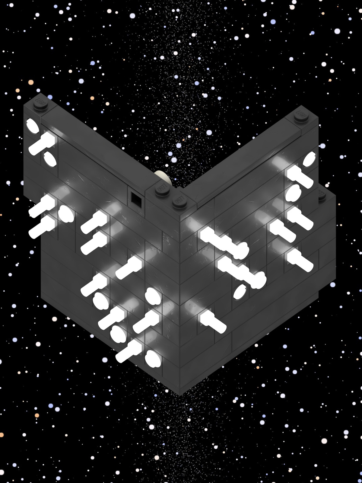 Rear view of black habitat with tens of illuminated Technic elements sticking out.
