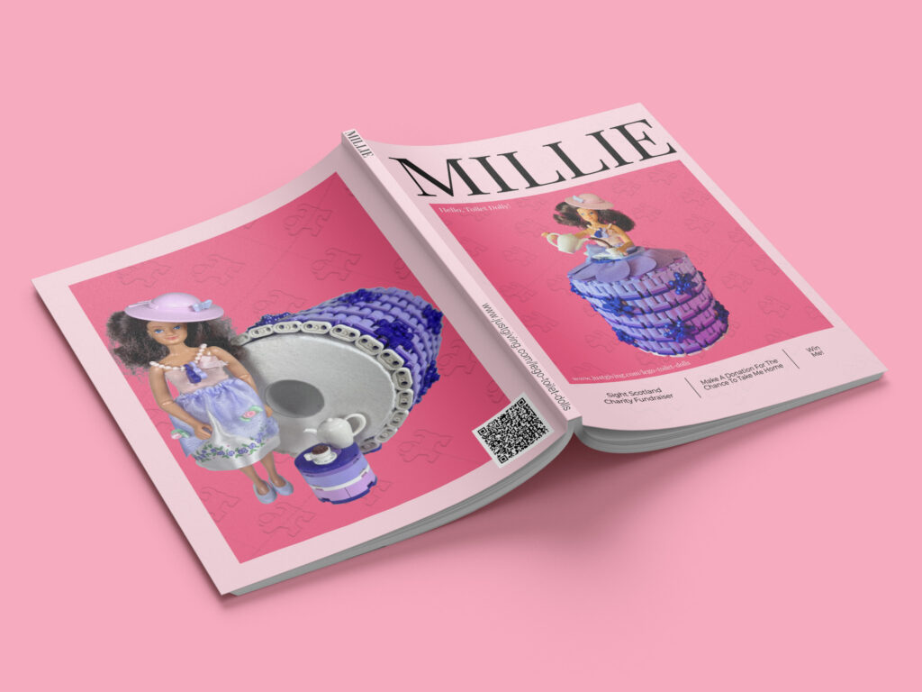 Mocked-up ‘Millie’ magazine cover featuring a brunette doll pouring some tea. She’s wearing a lavender, medium lavender and dark purple coloured brick-built toilet roll dress.