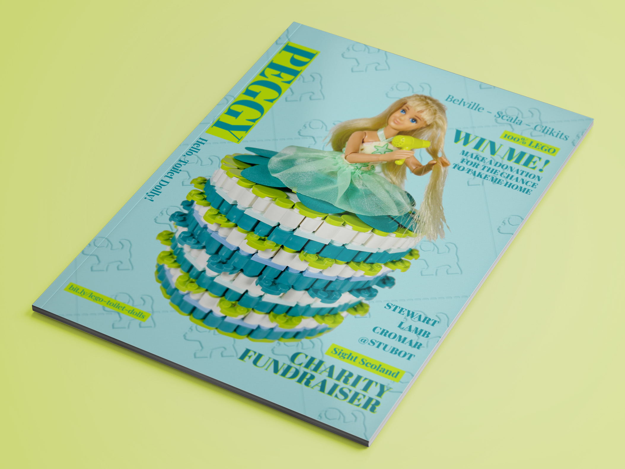 Mocked-up ‘Peggy’ magazine cover featuring a blonde doll drying her hair. She’s wearing a white, lime and dark turquoise coloured brick-built toilet roll dress.