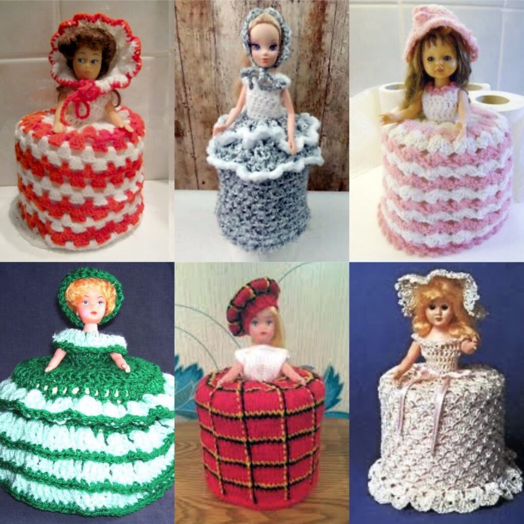 6 different coloured and patterned knitted/crocheted toilet dolls.