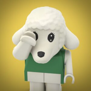 Lego lamb minifigure covering the left eye with its hand.