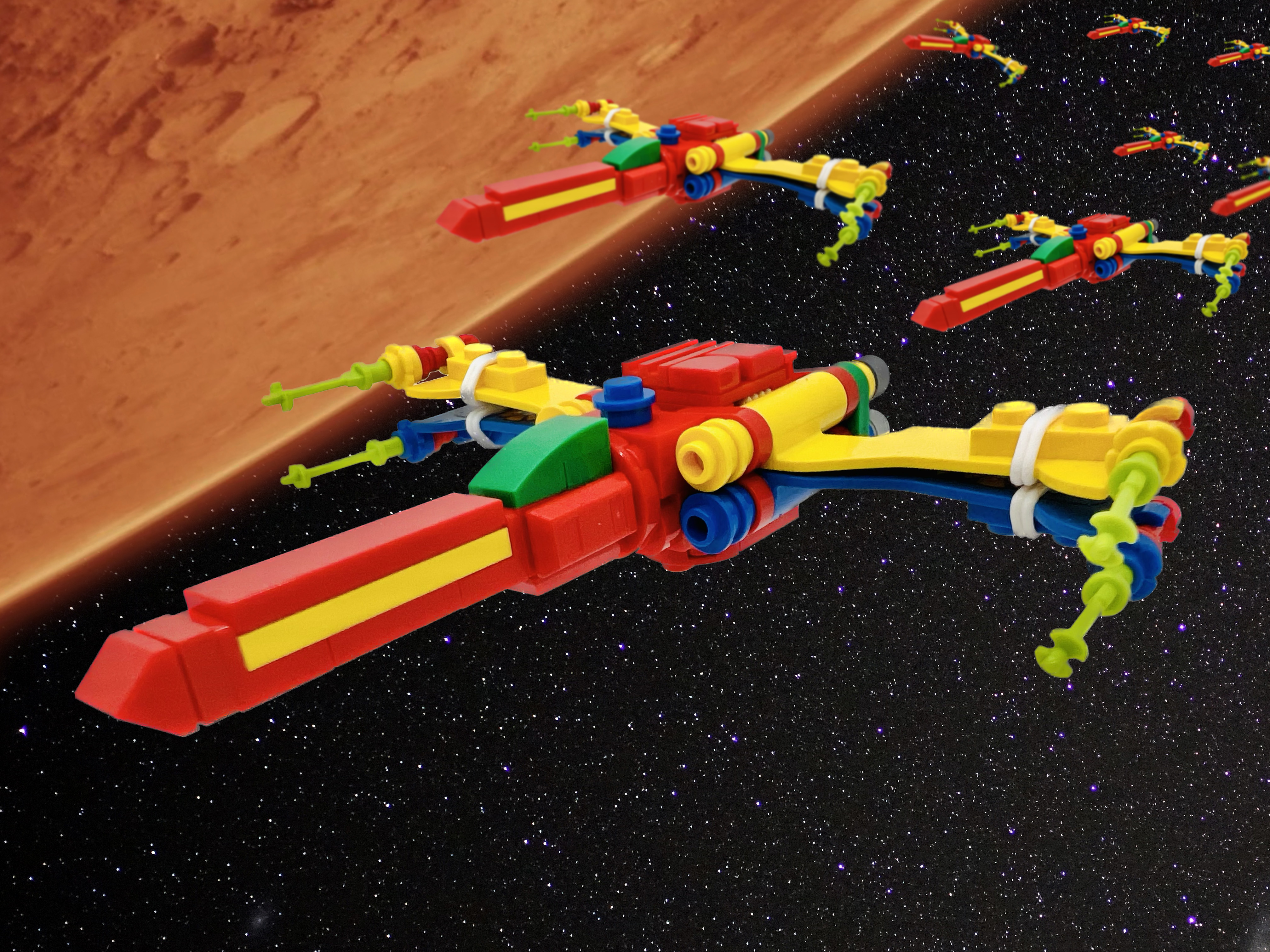 Squadron of microscale starfighters approaching a red planet.