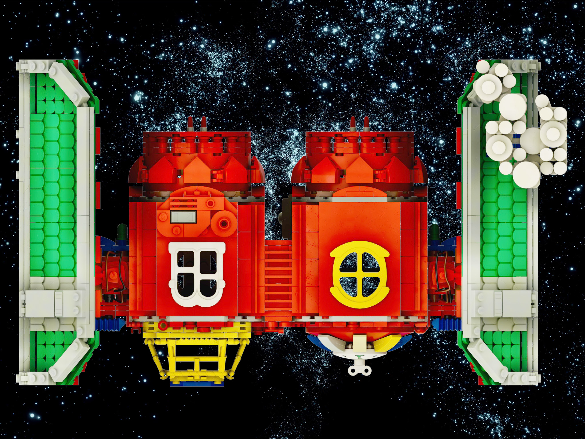 Brightly coloured TIE bomber with Fabuland windows, roof tiles and chimney.