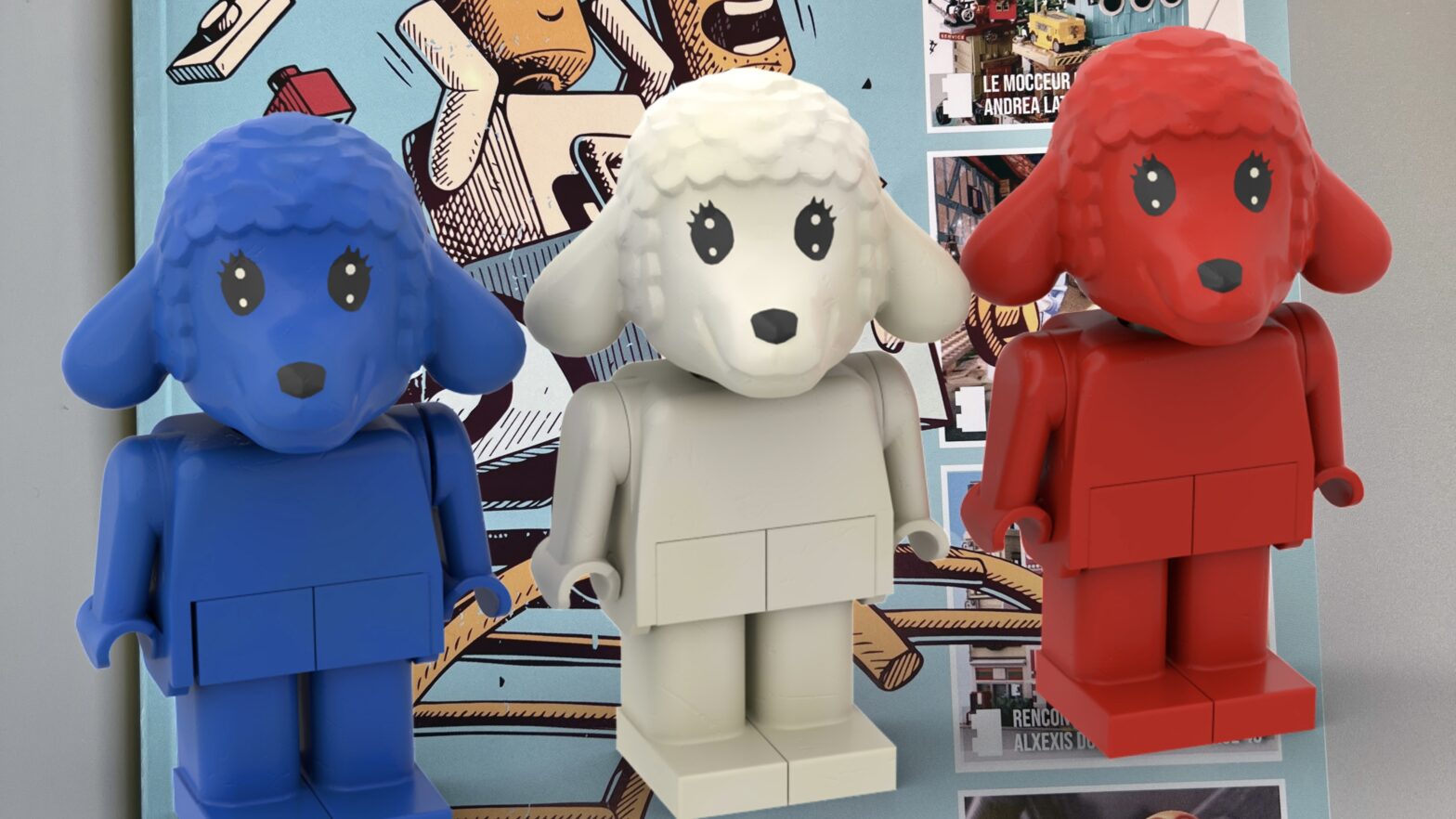 Three Lego lambs (blue, white & red) and new Briques magazine cover.