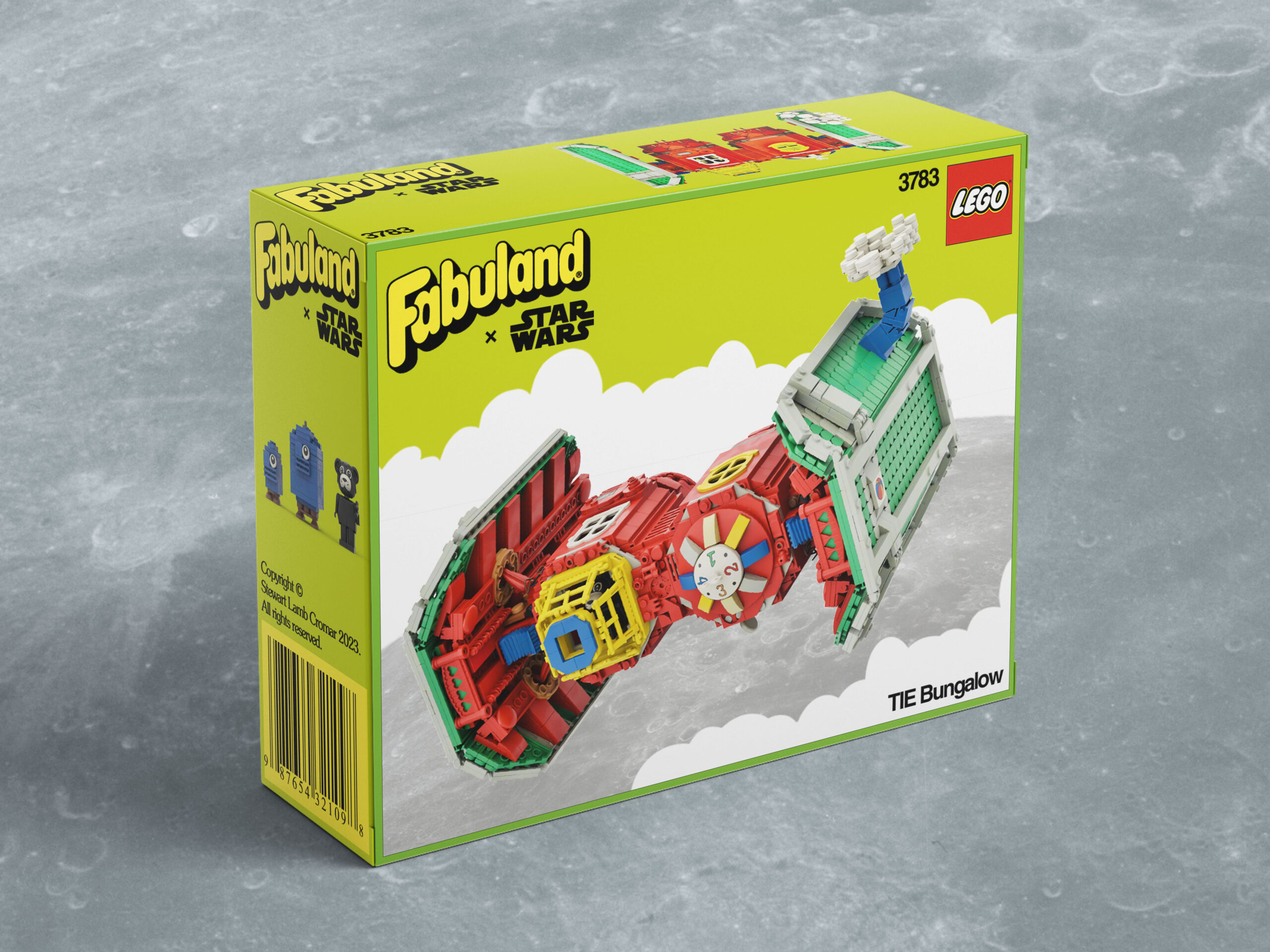 Brightly coloured TIE bomber with Fabuland windows, roof tiles and chimney.