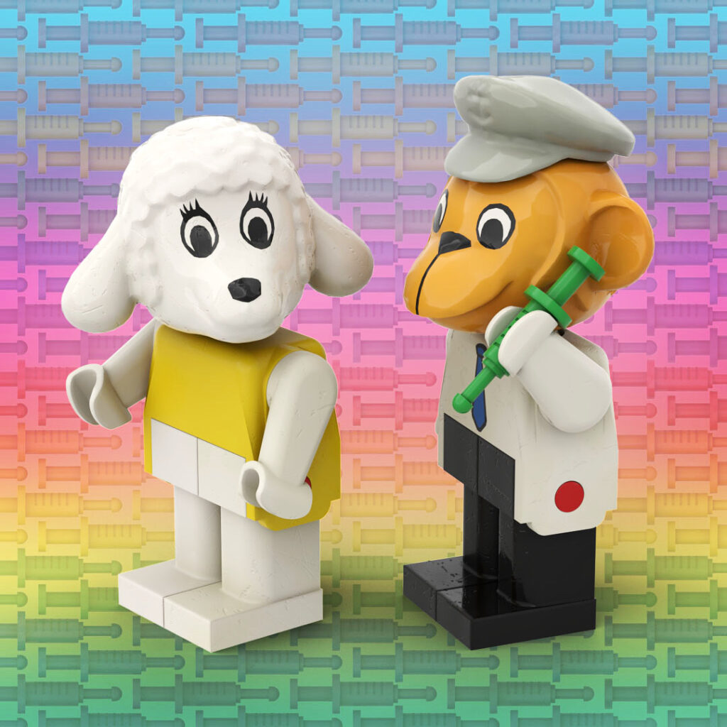 Monkey giving a lamb minifigure an injection in the arm.