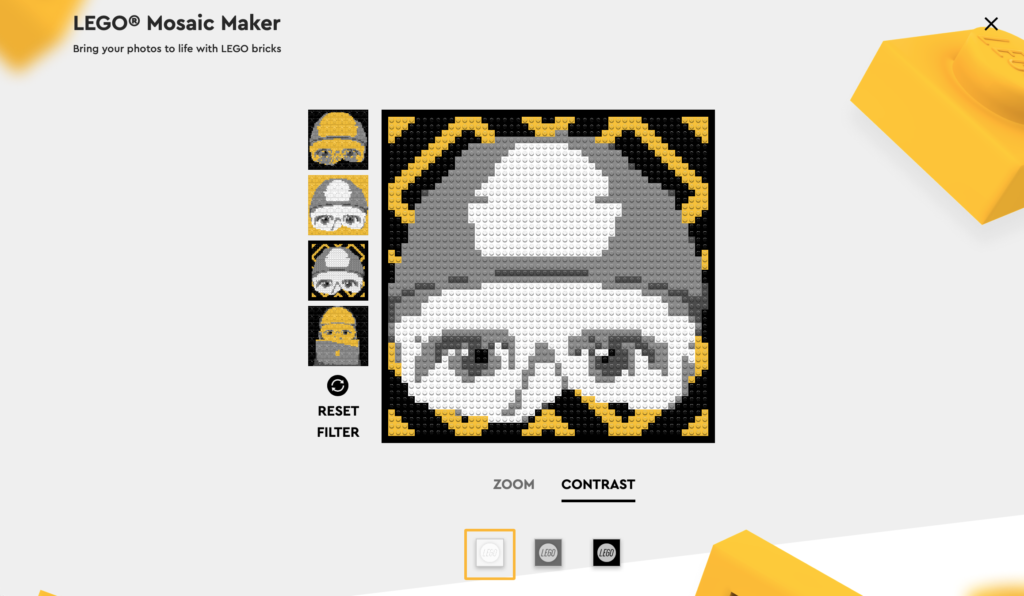 LEGO Mosaic Maker with 4 different monochromatic versions of Stewart's Memoji avatar.