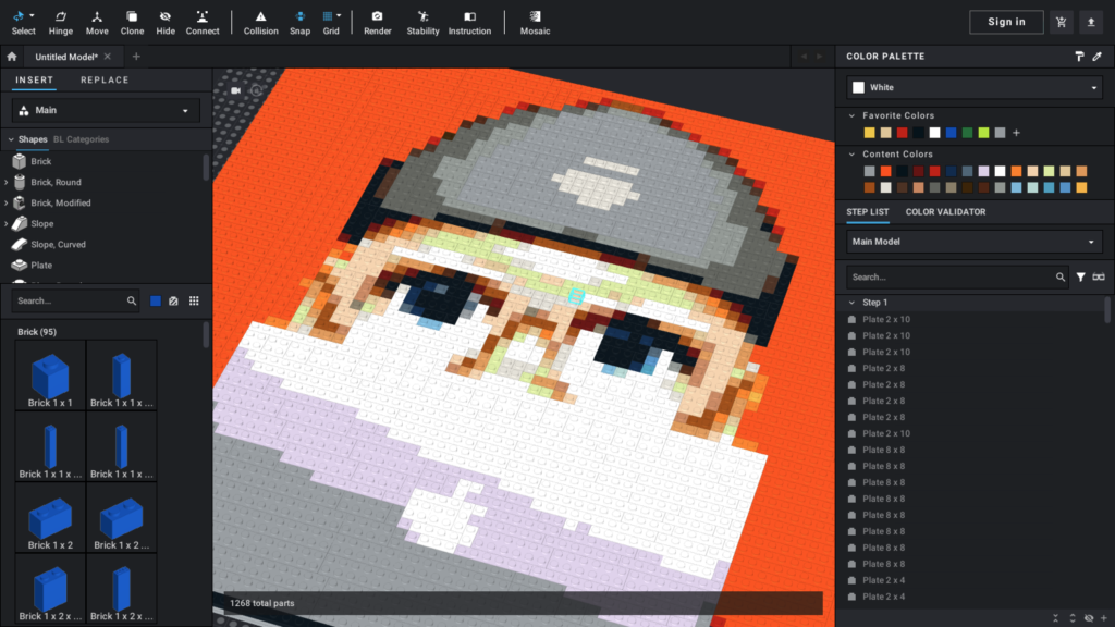 BrickLink Studio application showing a giant version of Stewart's Memoji avatar made of hundreds of 1x1 coloured plates.