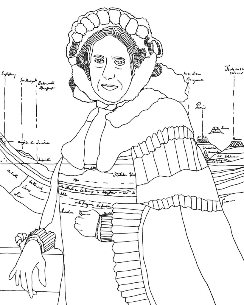 Colouring-in illustration of Charlotte Murchison in formal Victorian attire.