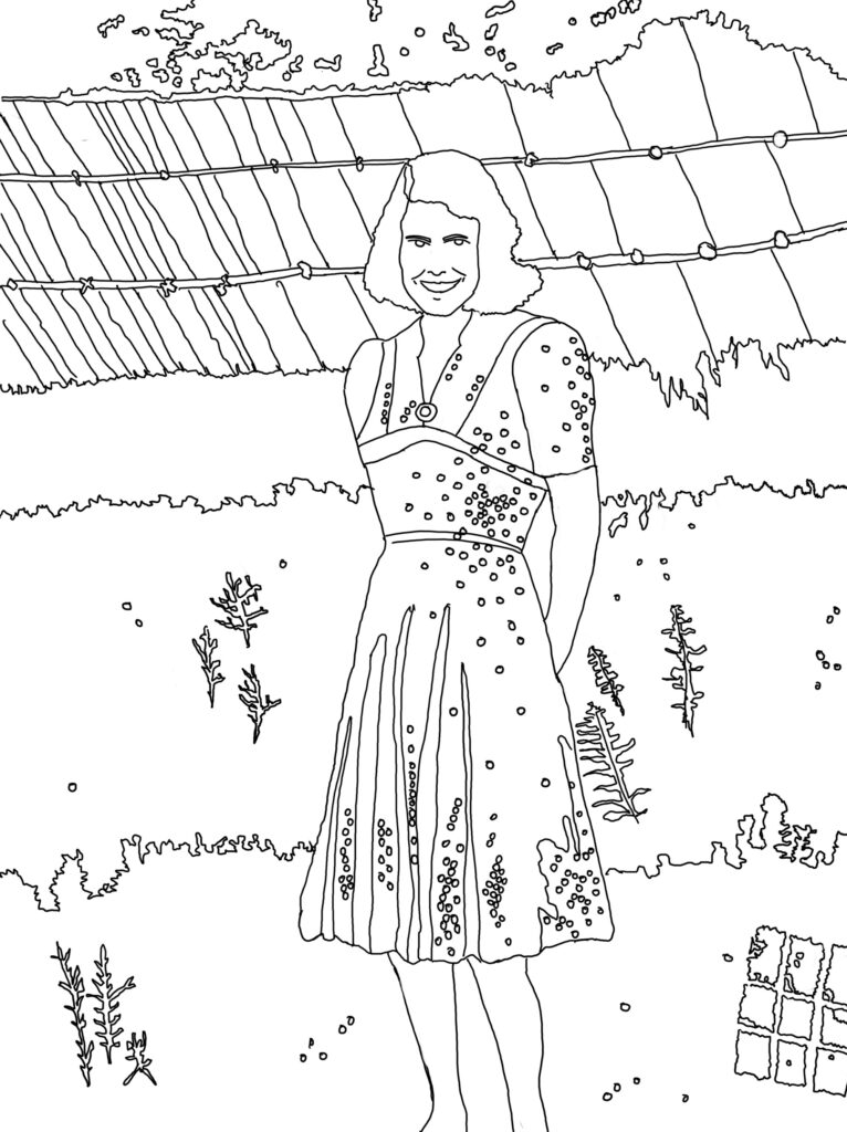 Colouring-in illustration of Irene Jessie Brown in a 1940s polka dot dress outside.