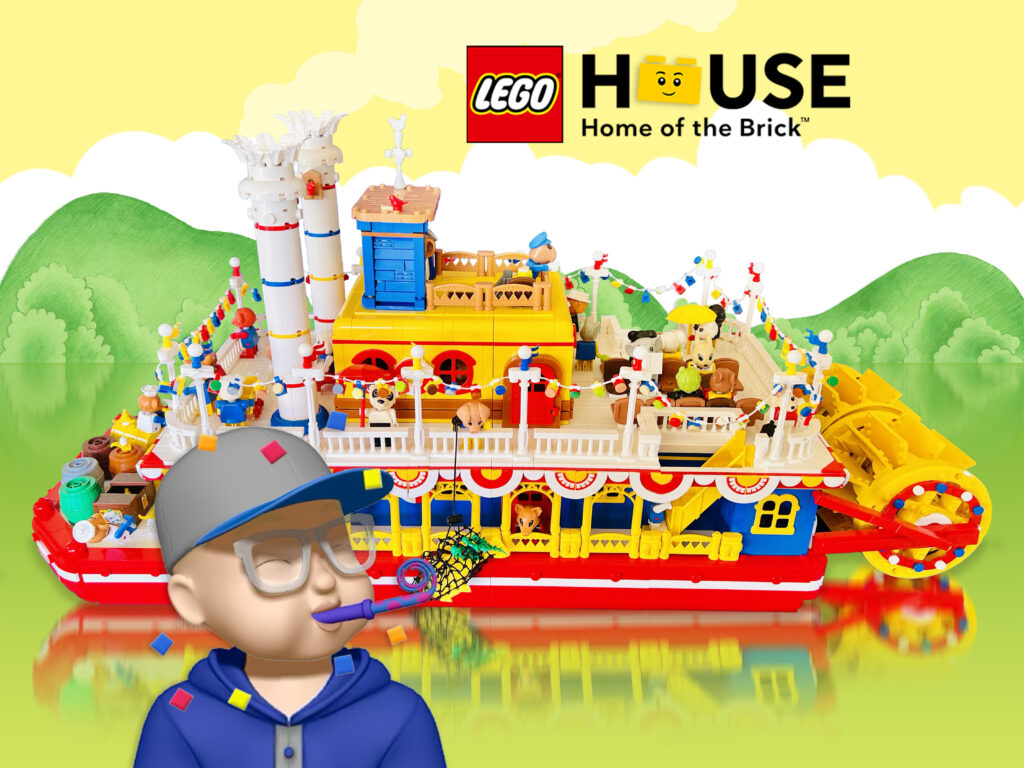 Stewart's Memoji presenting his paddle boat with the Lego House logo (Home of the Brick).