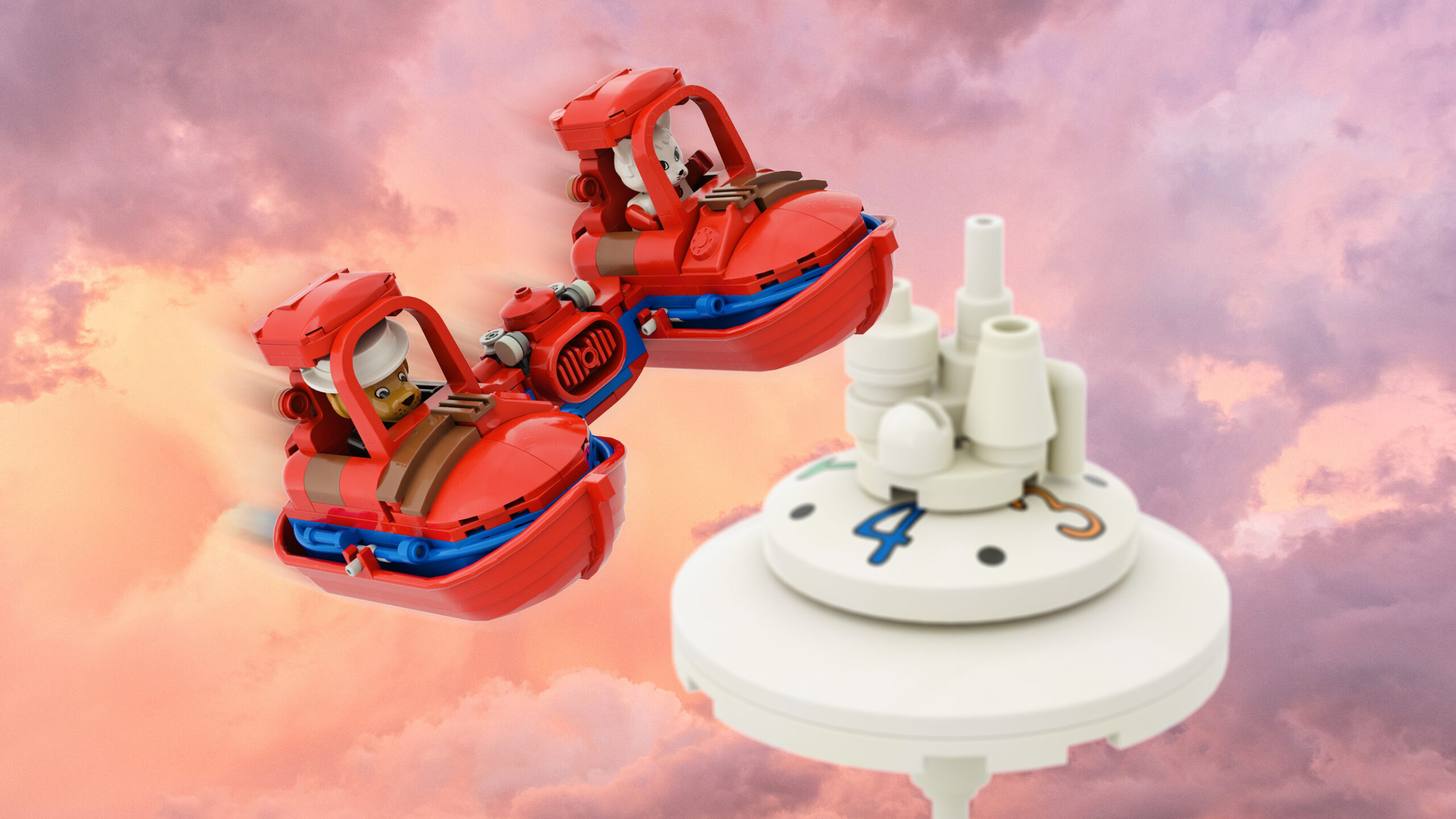 Red spaceship with two joined cockpits, flown by a lion and cat.