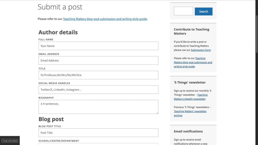 'Submit a post' webform with fields such as name, email, title, social media handles and biography.