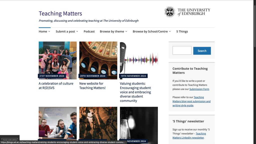 Teaching Matters homepage, "Promoting, discussing and celebrating teaching at The University of Edinburgh". Features main navigation menu and 6 blog articles with photos.