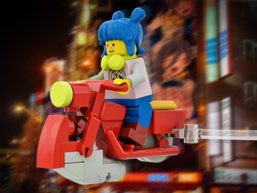 Small red hover bike with blue haired rider (Studio render).