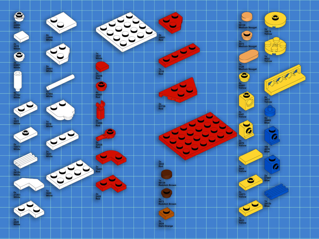 All 110 parts required for the models, ordered by colour.