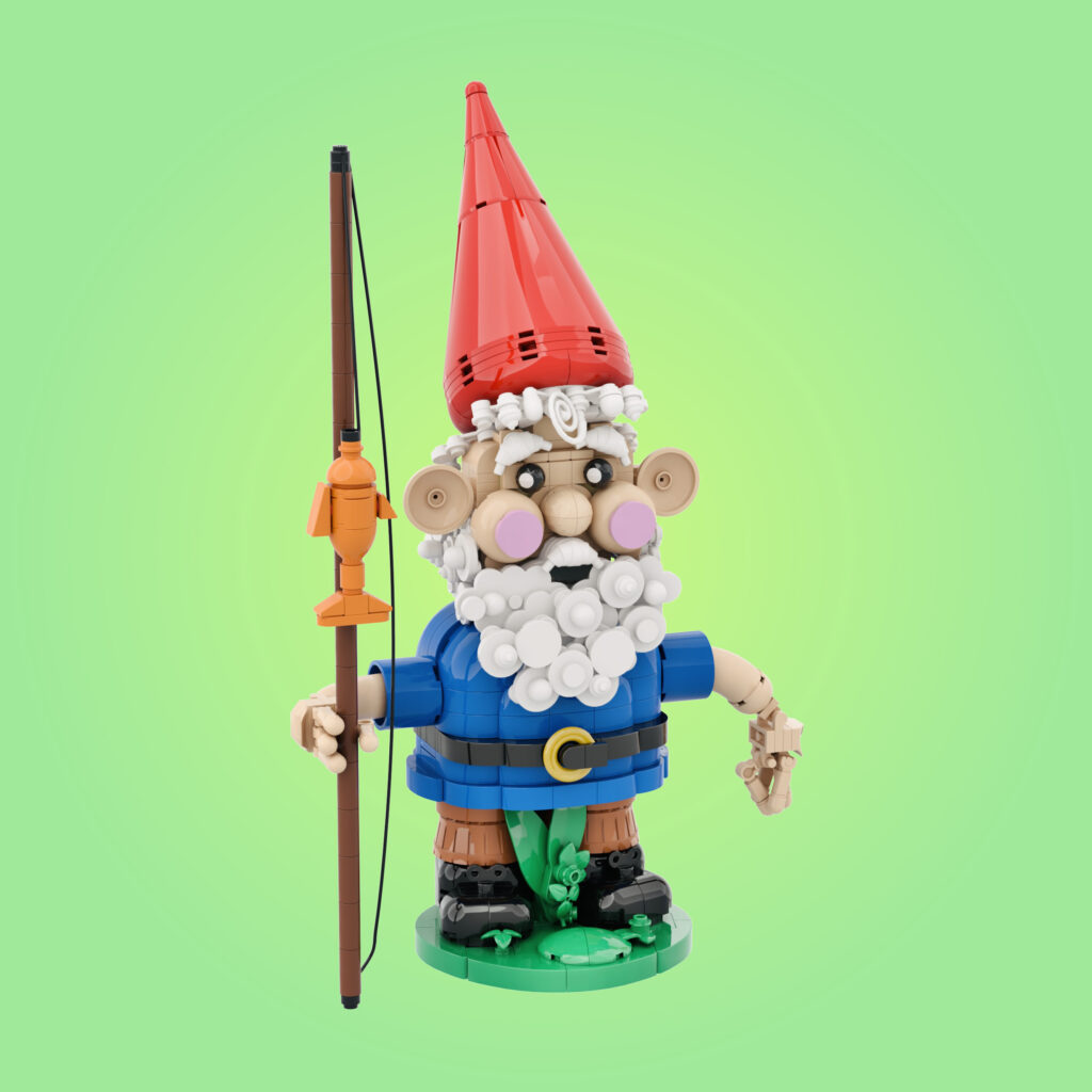 Cute gnome wearing a red pointy hat and white beard holding a rod with a small fish attached.