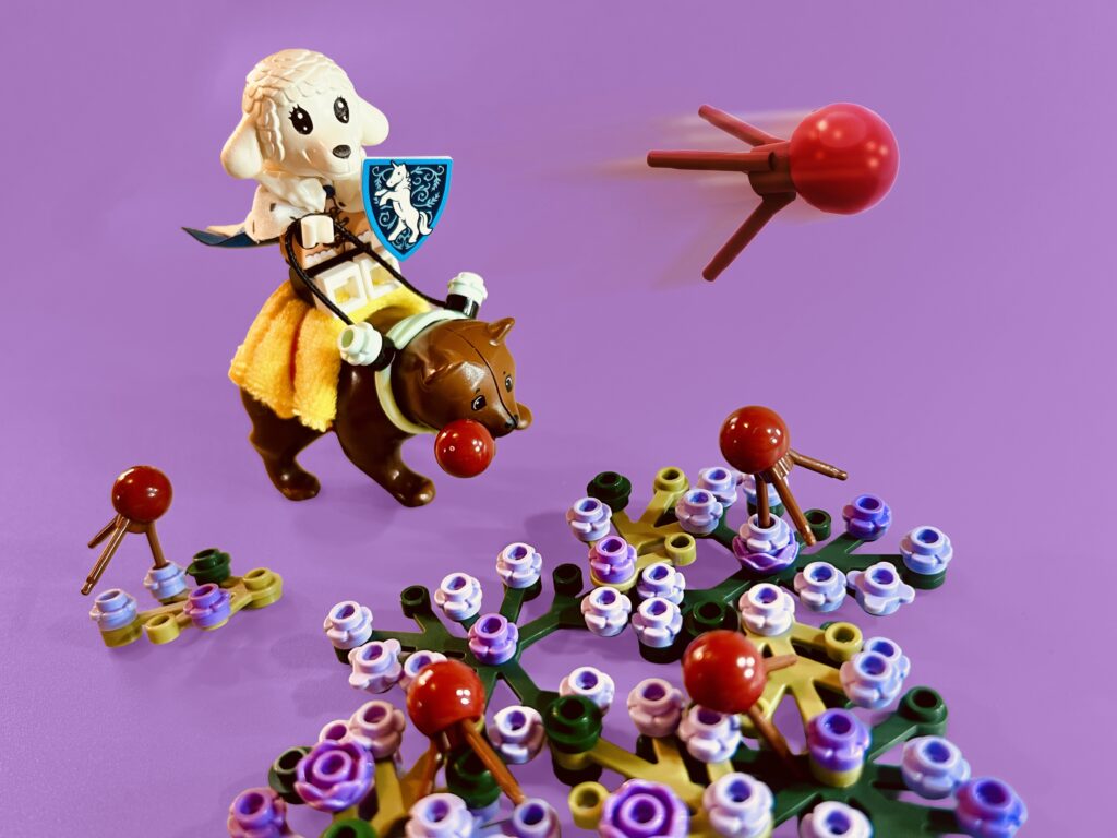 Cute lamb riding a bear, both attacking a swarm of three-legged haggis