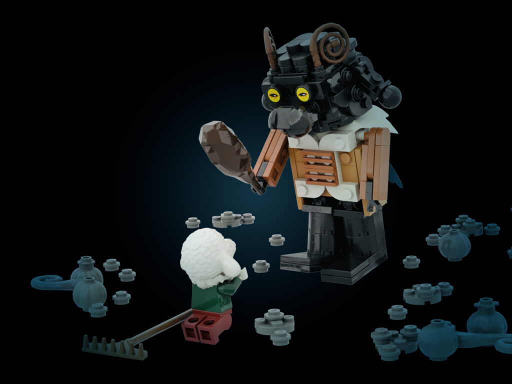 Cute lamb farmer confronted by a giant black sheep with evil, yellow eyes and a gnarled wooden club.